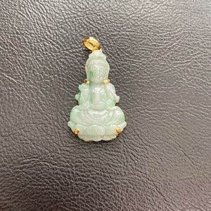 14K Real Solid Gold Genuine Green Jade Kwan Yin Buddha Pendant